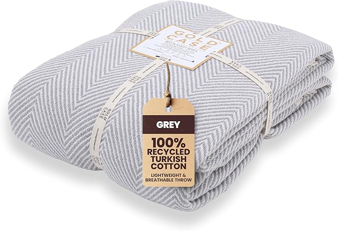 Gold Case Throw Blanket for Bed – 100% Recycled Turkish Cotton Bed Blanket – Decorative Throw Cotton Blankets for Living Room & Bedroom – Woven Twin Blankets - 71x90 - Elegant Grey