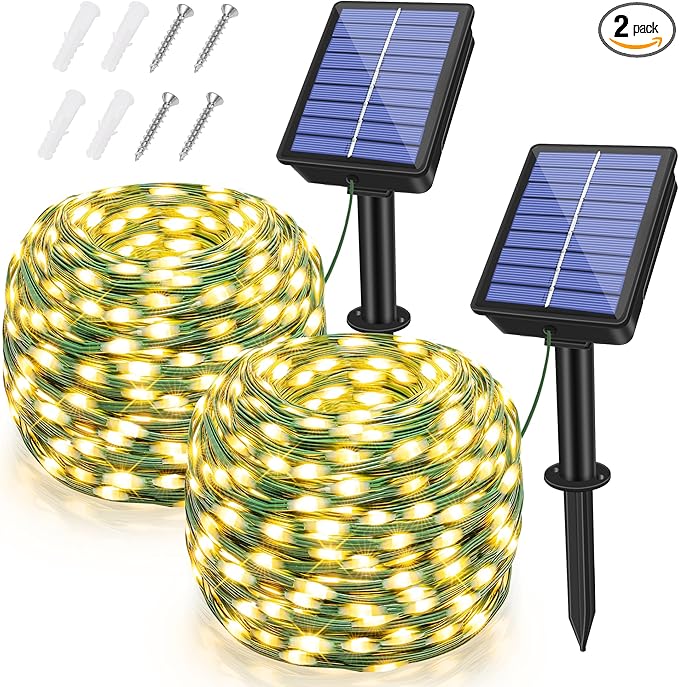 2 Pack Solar String Lights Total 480LED 158FT, IP67 Waterproof String Lights for Outside with 8 Modes, Upgraded Solar Panel Fairy Lights for Garden Party Wedding Decorations (Warm White)