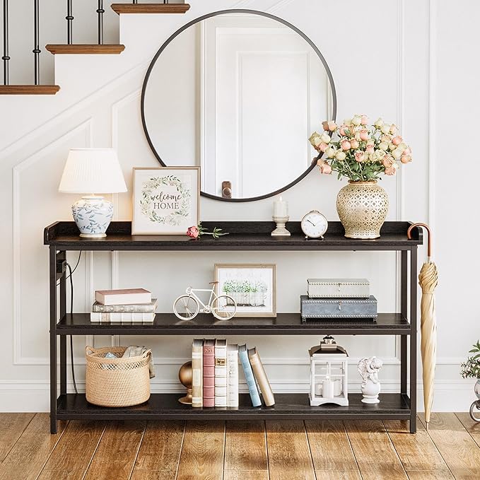 IRONCK Console Table, Sofa Table with Power Outlet, Farmhouse Hallway Table for Entryway, Living Room, Height Adjustable, Easy Assembly, Vintage Black,55"