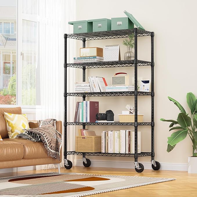 5-Shelf Storage Shelves,Wire Shelving Heavy Duty Metal Storage Shelving Unit Adjustable Garage Shelving Rack Pantry Kitchen (Black, 5 Tier,17.7" D x 47.2" W x 76.7" H)