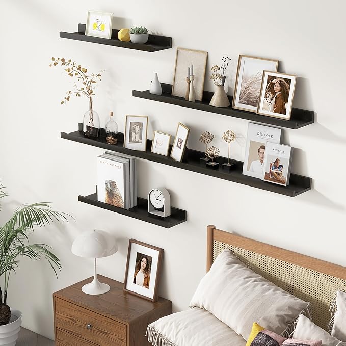 Picture Ledge Wall Shelves - 36 Inch Width Set of 3, Solid Pine Wood Rustic Floating Ledge Shelves for Kids' Room, Bedroom, Kitchen, Bathroom, Living Room, Nursery Display Wall Decor, Black
