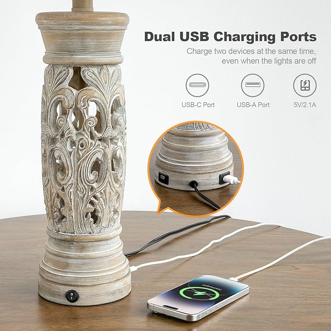 BOBOMOMO 27.25” Rustic Farmhouse Table Lamps Set of 2 – Vintage Bedside Lamps with Night Light & USB A+C Ports, Retro Lamps for Bedroom, Living Room, Entryway, Cozy Corner (Bulbs Included)