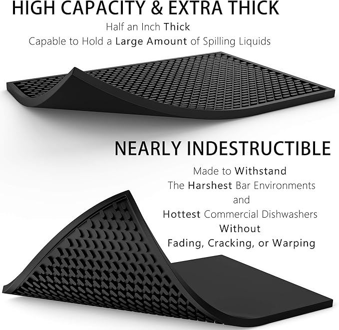 Silicone Drip Mat - 1/2 Inch Thick, Heat-Resistant and Food Safe - Counter Top, Coffee Bar or Restaurant - Drying Mat for Glasses - 18x12 Inches