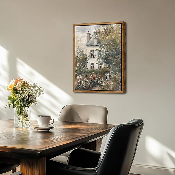 Floating Framed Canvas Vintage Wall Art, Neutral English Cottage Rose Garden Oil Paintings Print, Spring Pictures Wall Decor for Living Room Hallway Bedroom Office Rustic Decor 16x24 inch