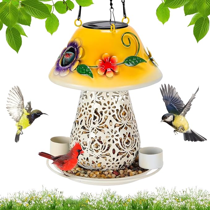 Mushroom Solar Bird Feeders for Outdoors Hanging Metal Wild Bird Feeder Garden Lantern with S Hook for Garden Decoration Yellow