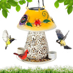 Mushroom Solar Bird Feeders for Outdoors Hanging Metal Wild Bird Feeder Garden Lantern with S Hook for Garden Decoration Yellow