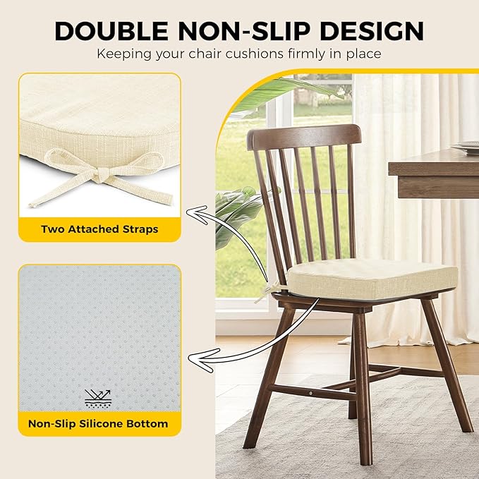 downluxe Indoor Chair Cushions for Dining Chairs, Soft and Comfortable Textured Foam Kitchen Chair Pads with Ties and Non-Slip Backing, 16" x 16" x 2", Beige, 4 Pack