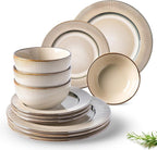 GBHOME Ceramic Dinnerware Sets,12 pcs Embossed Elegant Stoneware Plates and Bowls Sets, Housewarming Wedding Gift | Dishwasher & Microwave Safe | Dishes Set Service for 4