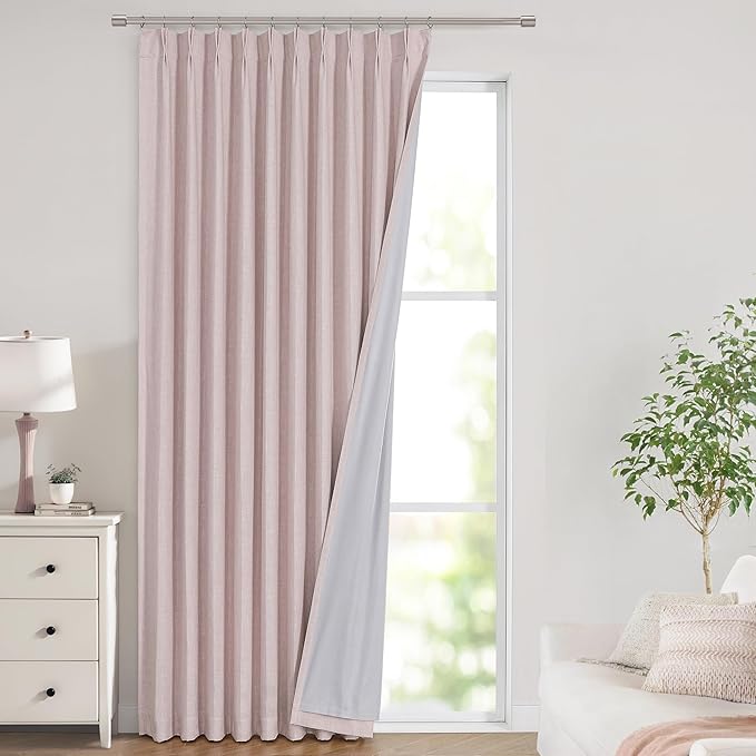 Vision Home Soft Pink Pinch Pleated Full Blackout Curtains Linen Blended Room Darkening Window Panels 108 inch for Living Room Bedroom Thermal Insulated Pinch Pleat Drapes with Hooks 60" Wx108 Lx1