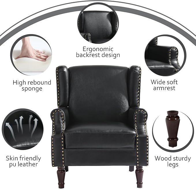 Accent Chairs, Faux Leather High Back Armchair Set of 2 or Living Room, Comfy Upholstered Single Sofa Reading Chairs with Solid Wood Legs for Office, Bedroom, Waiting Room-Black