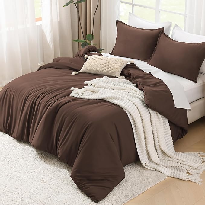 Litanika Brown Comforter Set King Size, 3 Pieces Lightweight Solid Bedding Comforter Set, All Season Fluffy Bed Set (104x90In Comforter & 2 Pillowcases)
