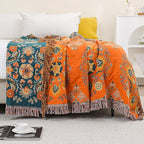 Throw Blanket for Couch Bed Chair,100% Cotton Soft Lightweight Blanket Rustic Quilt -Orange Floral Printed Farmhouse Decor Bed All Season Blankets,90"×98"