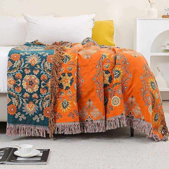 Throw Blanket for Couch Bed Chair,100% Cotton Soft Lightweight Blanket Rustic Quilt -Orange Floral Printed Farmhouse Decor Bed All Season Blankets,90"×98"