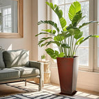 KOL 25''H. Galvanized Steel Planter with Saucer, Tall Glazed Planter Pots for Indoor & Outdoor Use, Set of 2, Decorative Flower Plant Pots with Drainage Hole for Porch, Patio, Deck - Reddish Brown