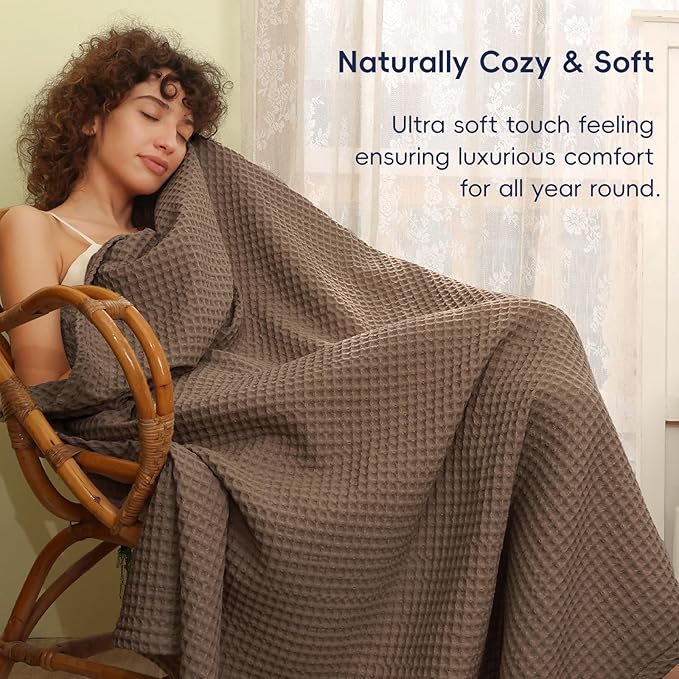 PHF Ultra Soft Waffle Weave Throw Blanket 50"x 60"- Washed Lightweight Breathable Cozy Woven Blanket for Bed - Aesthetic Decor for Couch Bedding Sofa Home Car - Cocoa Brown