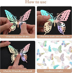 SAOROPEB 3D Butterfly Wall Decor, 72 Pcs 3 Styles 3 Sizes, Removable Metallic Wall Sticker Room Mural Decals for Kids Bedroom Nursery Classroom Party Decoration Wedding Decor DIY Gift (Laser)