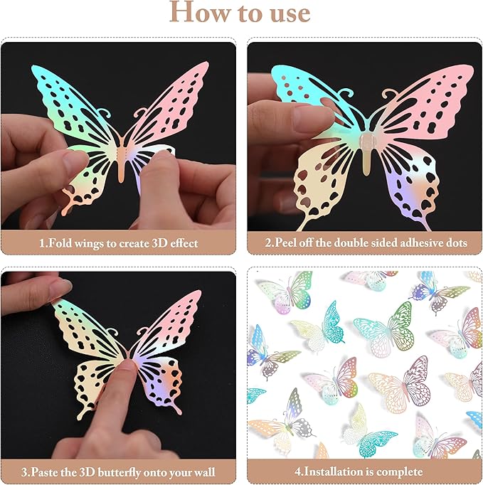SAOROPEB 3D Butterfly Wall Decor - 48 Pcs, 4 Styles, 3 Sizes - Removable Stickers (Laser)