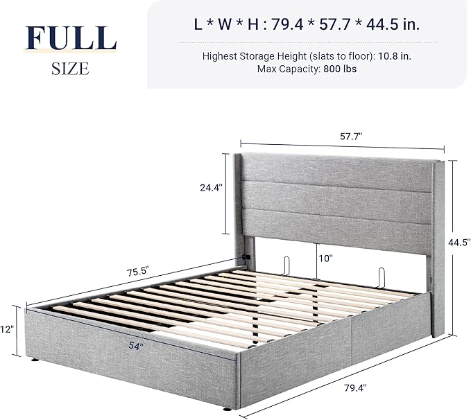 Allewie Full Size Lift Up Storage Bed, Modern Wingback Headboard, Hydraulic Support, No Box Spring Needed, Light Grey