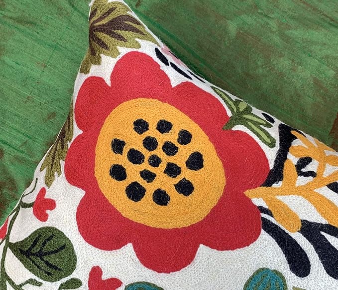 Lumbar Cream Suzani Cushions - Boho Floral Throw Pillows | Outdoor Pillows & Chair Cushions - Hand Embroidered Wool Size - 14x20