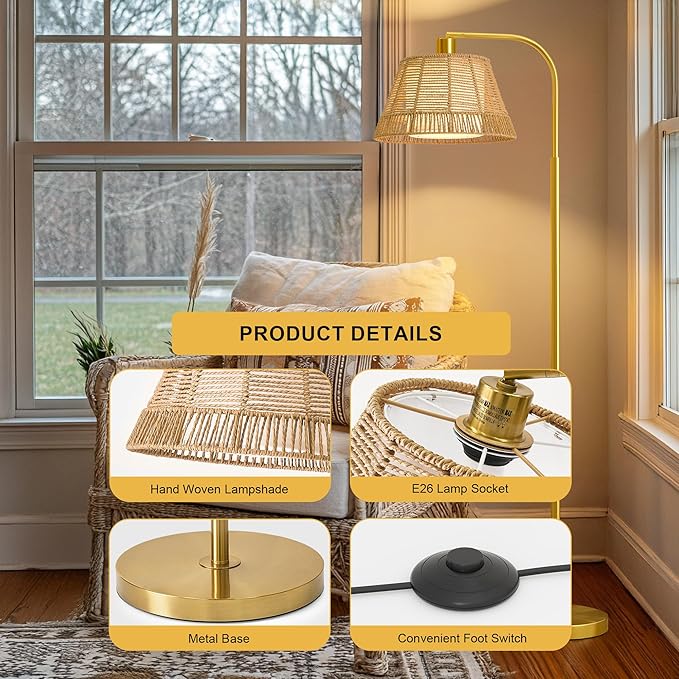 Oneach Arc Floor Lamp for Living Room,Rattan Boho Floor Lamp with Hand-Woven Wicker & Fabric Shade, Foot Switch,Gold Metal Base & Pole,Farmhouse Standing Lamp for Bedroom Corner,Office,Reading