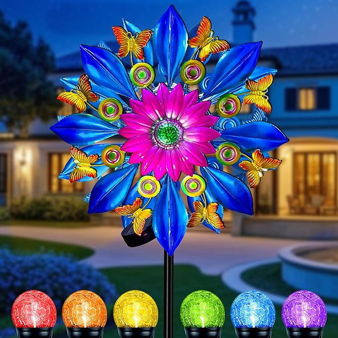 60 Inch Solar Wind Spinner Outdoor - Double-Sided Rotating Colorful Kinetic Wind Spinners for Garden, Yard Decorations Outdoor,Metal Wind Sculptures & Spinners, Wind Art