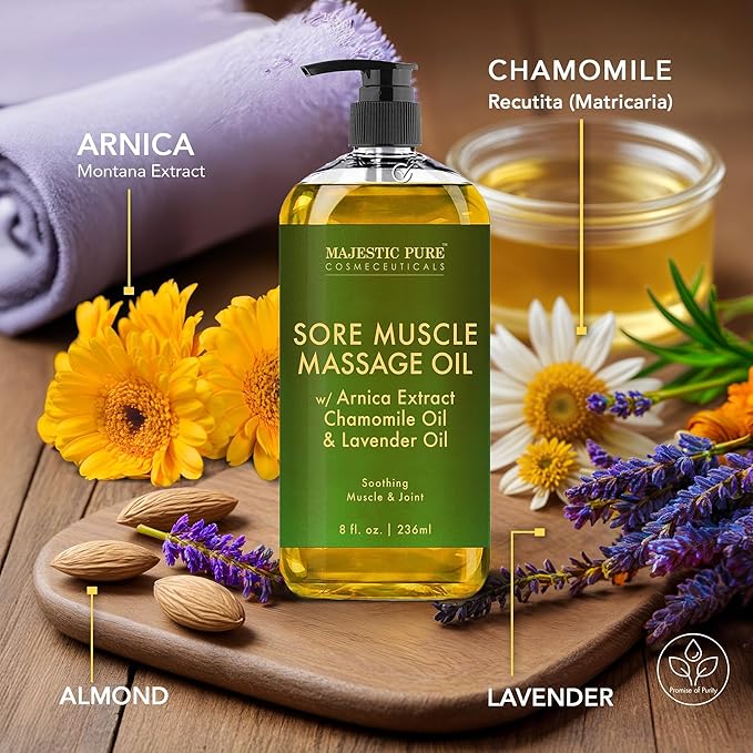 MAJESTIC PURE Arnica Sore Muscle Massage Oil for Massage Therapy - Refreshing, and Relaxing - Natural Oils with Lavender & Chamomile Essential Oils - for All Skin Types - Men and Women - 8 fl oz