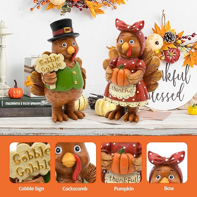 Thanksgiving Turkey Decor - 2Packs Resin Turkey Couple Standing Figurines Thanksgiving Decorations- Fall Decor Indoor for Tables Centerpieces Harvest Farmhouse Kitchen