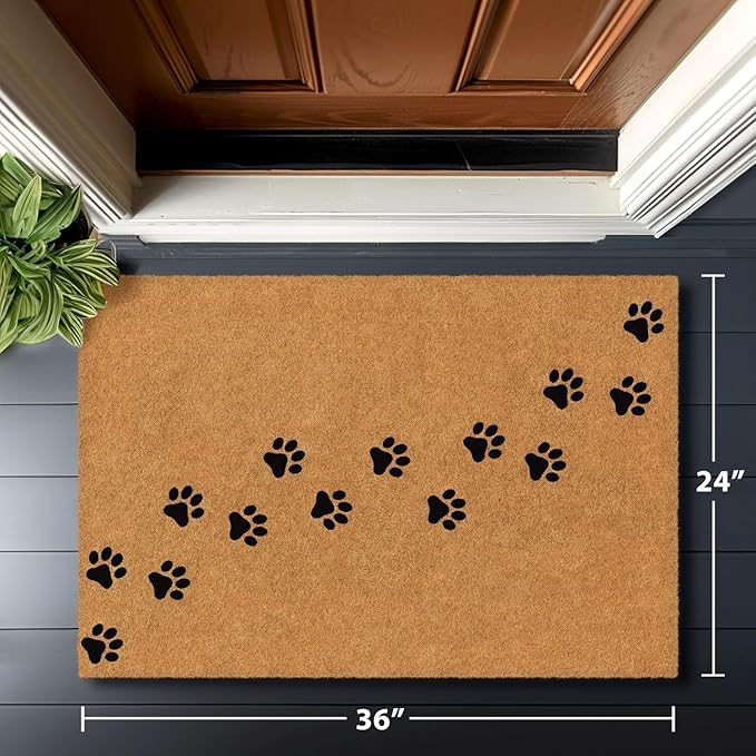 Barnyard Designs Natural Coco Coir Heavy Duty Backing Doormat - Large Cute Non-Slip Front Door Welcome Mat for Outside Entrance or Porch Entry, Brown (24x36, Paws)