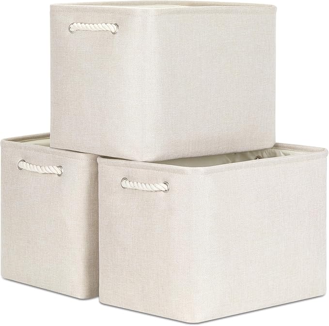 Bidtakay Large Storage Baskets for Shelves 3 Pack Fabric Storage Bins for Organizing Linen Collapsible Organizer for Closet-Light Biege