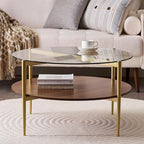 Round Coffee Table, Mid-Century Modern Design, D30“ x H17”, for Living Room, 2-Tier Structure, Clear Glass Top and Walnut MDF Shelf, Sleek Conical Metal Legs with Gold Finish
