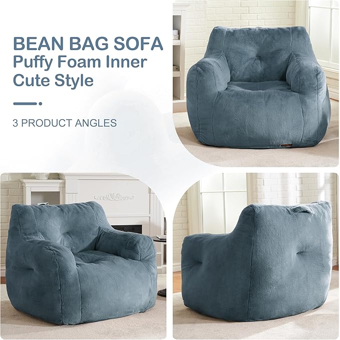 Hobestluk Bean Bag Chair for Adult Small Bean Bag Chairs with Arms Furry Beanbag Chair with Foam Filler Stuffed Bean Bag Sofa for Reading in Bedroom Living Room and Dorms (Blue Grey)