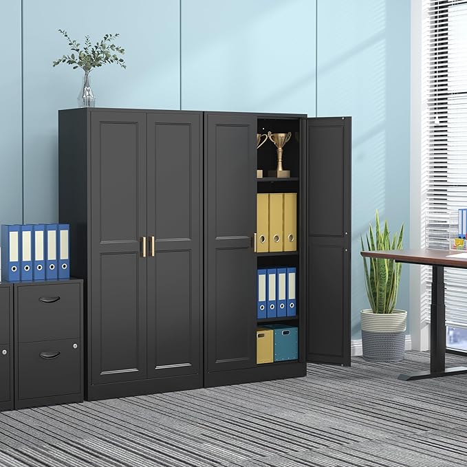 60" Tall Metal Pantry Cabinet, Black Kitchen Pantry Storage Cabinet with Doors and 3 Adjustable Shelves, Cupboard for Kitchen, Dining Room, Living Room, Bathroom