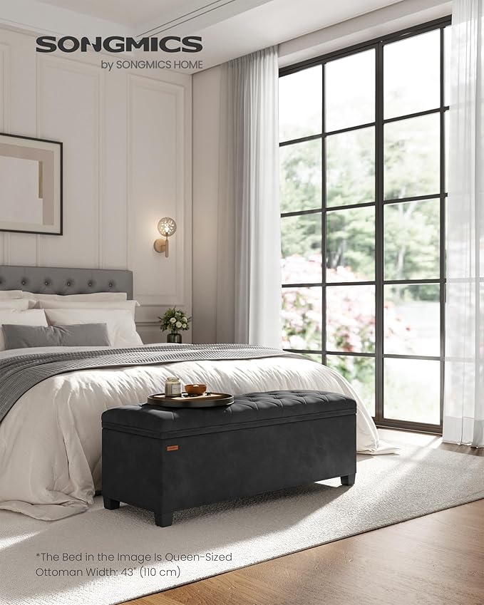 SONGMICS Velvet Storage Ottoman Bench, Foot Rest with Legs, 15.7 x 43 x 15.7 Inches, End of Bed Bench, Storage Chest, Load up to 660 lb, for Living Room, Bedroom, Entryway, Ink Black ULSF089B02