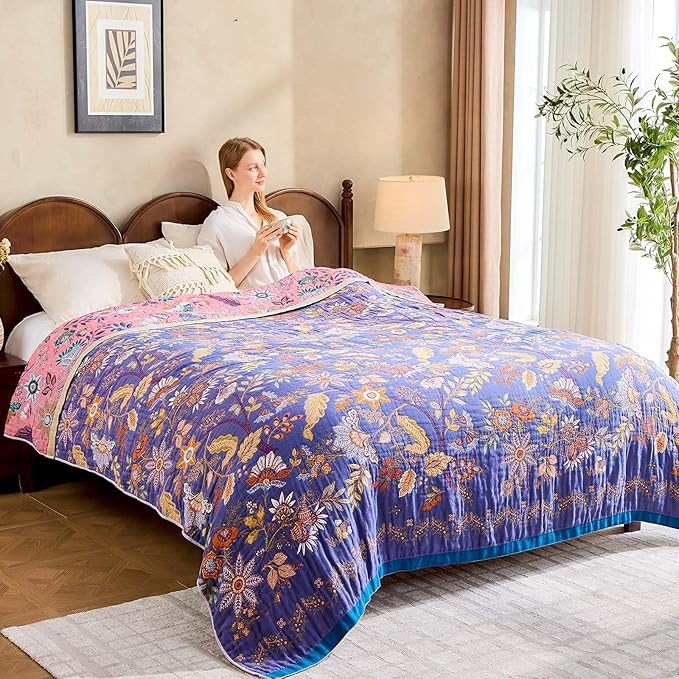 Boho Blanket, 100% Cotton Farmhouse Decorative Throw Blanket, 90"x98" Reversible Bohemian Throw Blanket, Purple All Season Muslin Breathable Woven Blankets Quilt