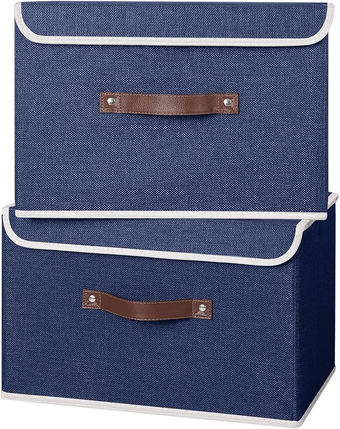 ANMINY 4PCS Storage Bins with Lid PU Leather Handles Storage Boxes PP Plastic Board Decorative Foldable Lidded Cotton Linen Fabric Home Cubes Baskets Closet Organizer Containers - Blue, Large Size
