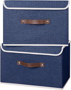 ANMINY 4PCS Storage Bins with Lid PU Leather Handles Storage Boxes PP Plastic Board Decorative Foldable Lidded Cotton Linen Fabric Home Cubes Baskets Closet Organizer Containers - Blue, Large Size