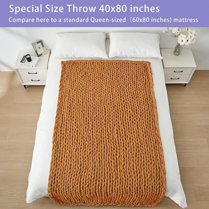 Bigacogo Chunky Knit Throw Blanket for Couch, 40x80 inches, 100% Hand Knitted with Thick Jumbo Chenille Yarn, Cozy Soft Large Rope Knot Cable Crochet Blankets for Sofa Bed Living Room, Burnt Orange