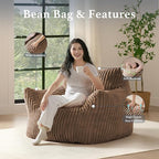 Giant Plush Bean Bag Chair for Adults with Armrests - Oversized Comfy Khaki Beanbag Lounge Lazy Floor Sofa Chair for Living Room, Bedroom & Dorm, Cozy Fluffy Single Cloud Mini Couch