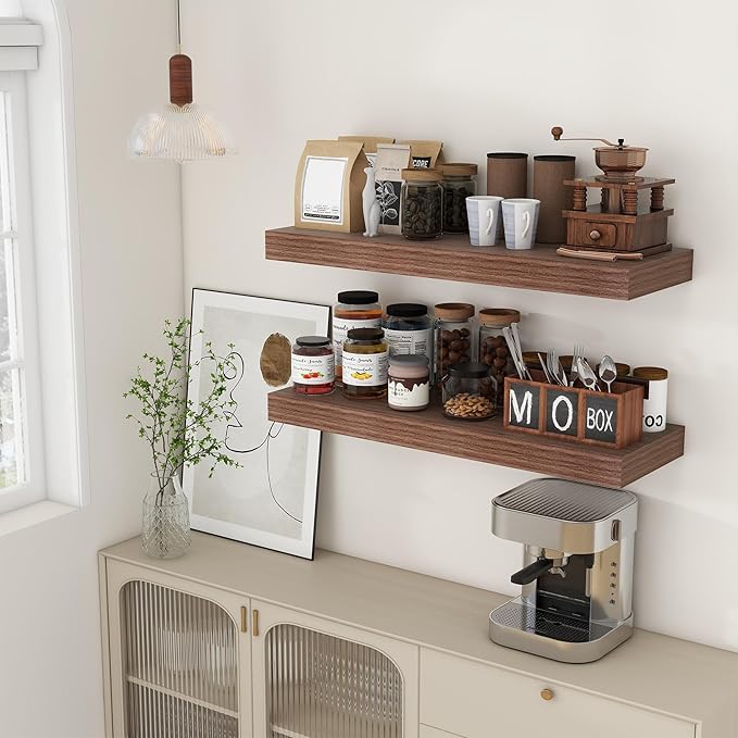 Deep Floating Shelves for Wall, 36'' x 12'' Rustic Large Floating Shelves Set of 2, 12 Inch Deep Walnut Wood Wall Shelves for Living Room Bathroom Laundry Room Bedroom Kitchen Home Office - Walnut