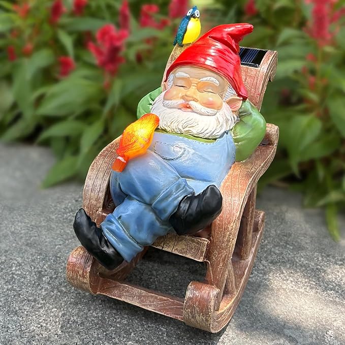 Solar Garden Gnome Statue Outdoor Decor, Patio Gnomes, Outside Yard Sculptures & Statues, Resin Figurines Gift for Women, Mom, Grandma