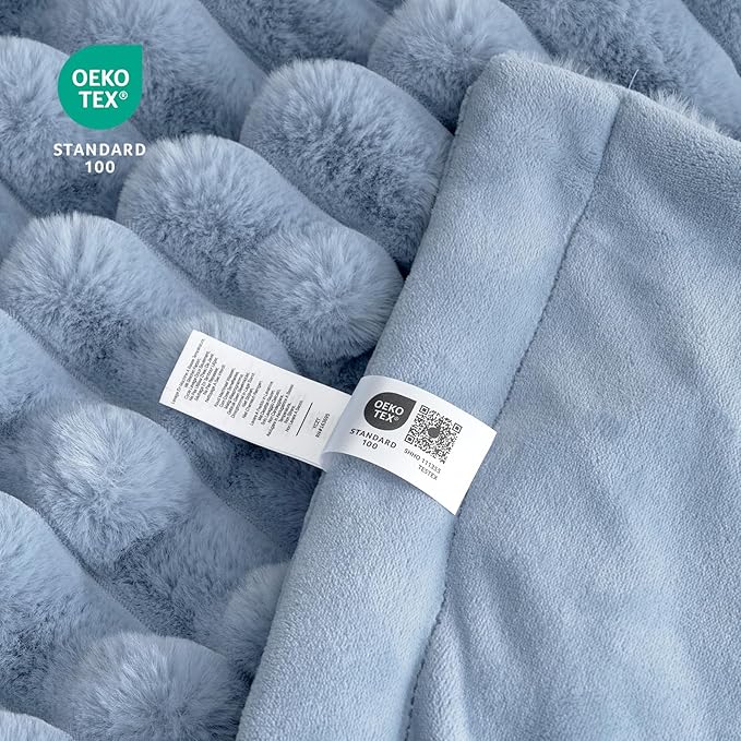 Cozy Bliss Faux Fur Throw Blanket for Couch, Cozy Warm Plush Striped Blanket for Sofa Bedroom Living Room,50 * 60 Inches Light Blue