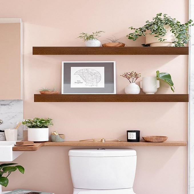 IAE Walnut Floating Wall Shelves 36 inch, Bathroom Shelves Wall Mounted,Invisible Shelves Floating Kitchen Shelves,Wooden Wall Shelves with Brackets for Living Room Wall Mounted,Easy Install,Set of 2