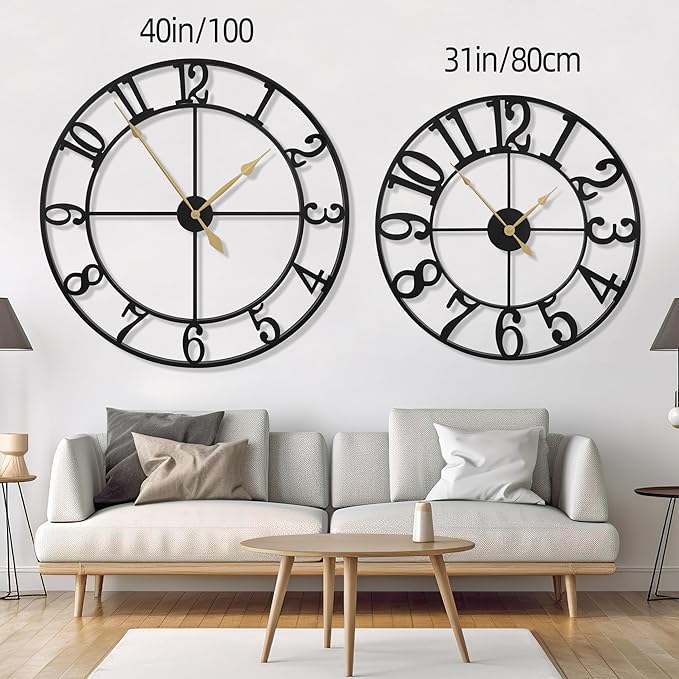LEIKE 40 Inch Extra Large Wall Clock, Decorative Oversized Arabic Numerals Battery Operated Black Metal Wall Clocks for Living Room,Kitchen,Office, Farmhouse,Entrance Decor