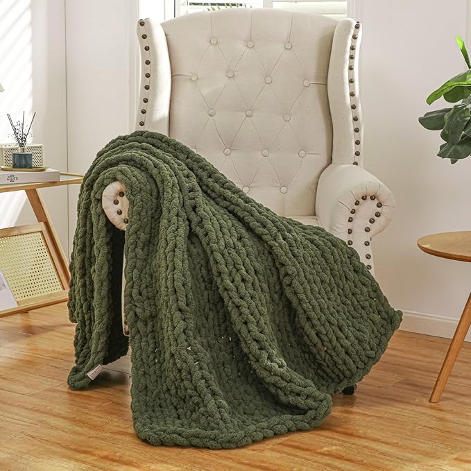WESHIONGOO Chunky Knit Blanket Throw 50"×60" Knitted Throw Blankets for Couch Bed Fluffy Soft Blanket with Jumbo Chenille Yarn Thick 100% Handmade (Olive Green)