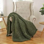 WESHIONGOO Chunky Knit Blanket Throw 50"×60" Knitted Throw Blankets for Couch Bed Fluffy Soft Blanket with Jumbo Chenille Yarn Thick 100% Handmade (Olive Green)