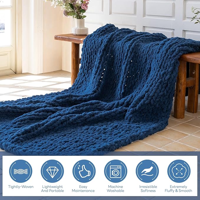 Chunky Knit Blanket - Luxury Soft Cozy 60 * 80 Throw Blanket,100% Woven Blanket Rope Knot Throw Blanket for Couch, Sofa, Home Decor, Gift - Machine Washable（Deep Blue）
