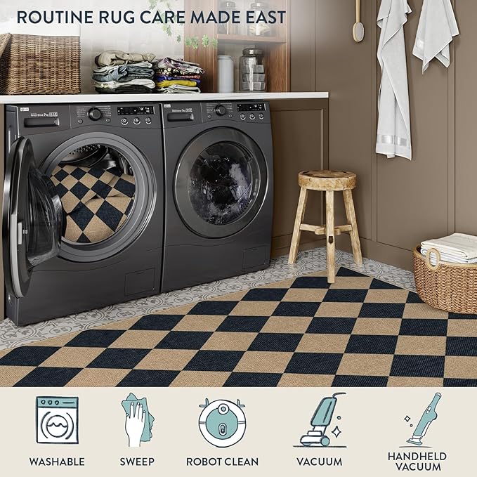 Lahome Checkered Round Entryway Rug 4ft, Circle Indoor Outdoor Patio Rug Washable Farmhouse Easy Jute Kitchen Rugs, Contemporary Non Slip Round Carpet for Bedroom Front Porch