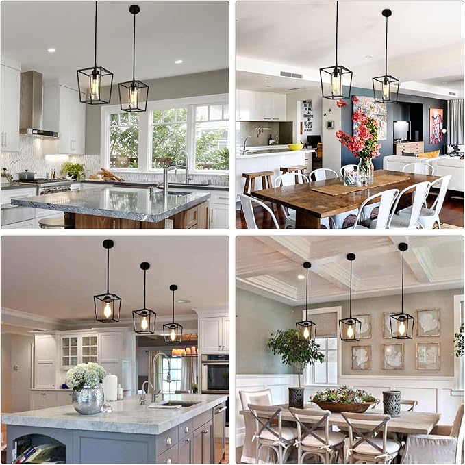 1-Light Black Pendant Light Fixture Farmhouse Iron Cage Metal Pendant Light Lantern Hanging Light Fixtures with Clear Glass Shade for Kitchen Island, Entryway, Dining Room, Hallway 5.9*5.9*8.27IN