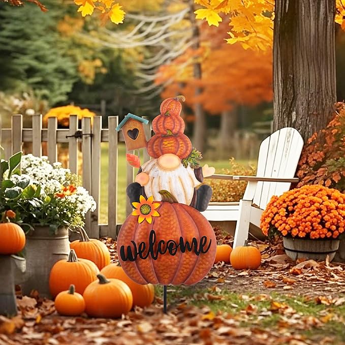 TERESA'S COLLECTIONS Fall Gnome Pumpkin Decorations for Outdoor Home, Metal Fall Decor Welcome Signs Stakes, Orange Autumn Yard Decor for Thanksgiving, Harvest Garden Patio Gift for Mom 25"