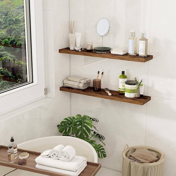 32Inch Floating Shelves for Wall 2 Pack Wood Shelves for Kitchen, Bathroom, Bedroom Wall Mounted Rustic Wood Floating Shelf with Invisible Brackets for Books, Storage, Decor, Rustic Brown